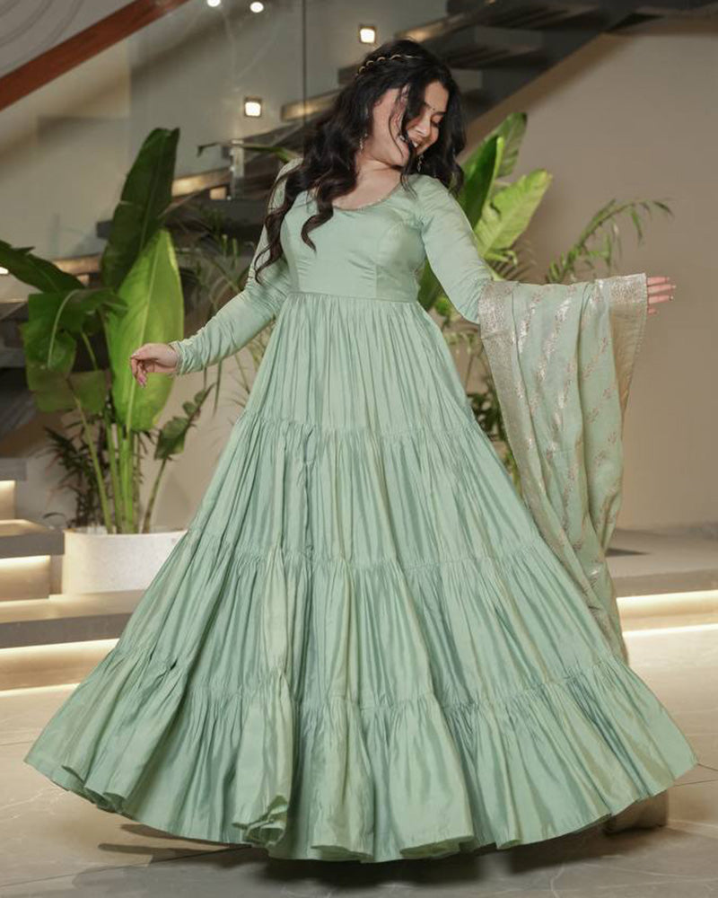 Pista Color Pure Chanderi Silk Frill Style Anarkali Suit