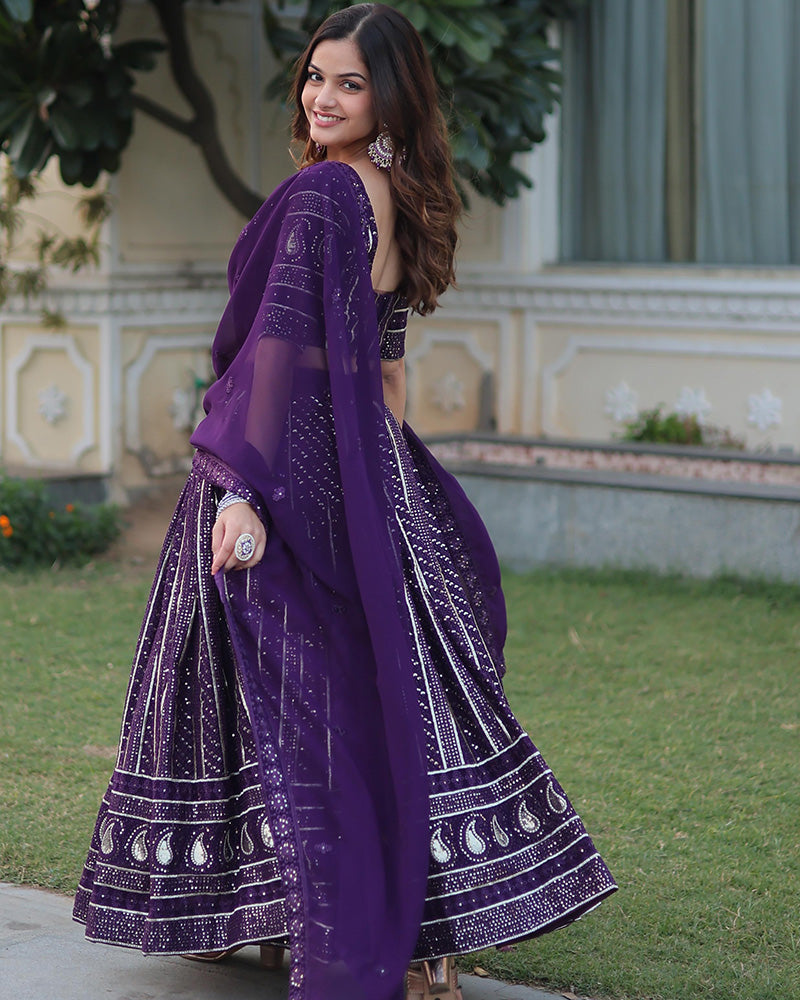 Designer Wine Color Faux Blooming Semi stitched Lehenga Choli