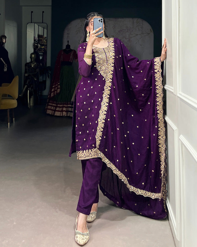 Purple Color Vichitra Silk Embroidered Three Piece Kurti Suit