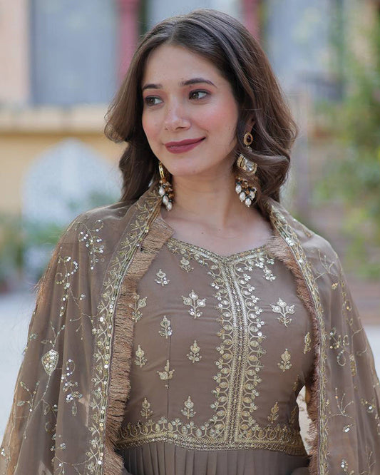 Brown Color Star Georgette Gown With Embroidered Dupatta