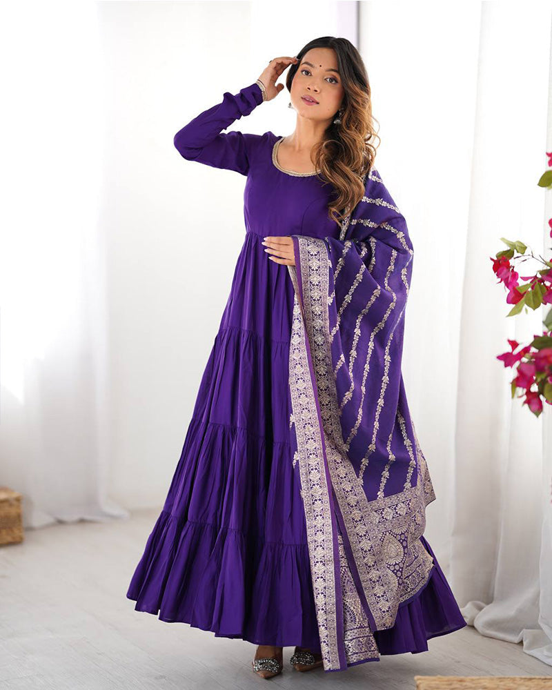 Purple Color Pure Roman Silk Ruffle Style Anarkali Suit