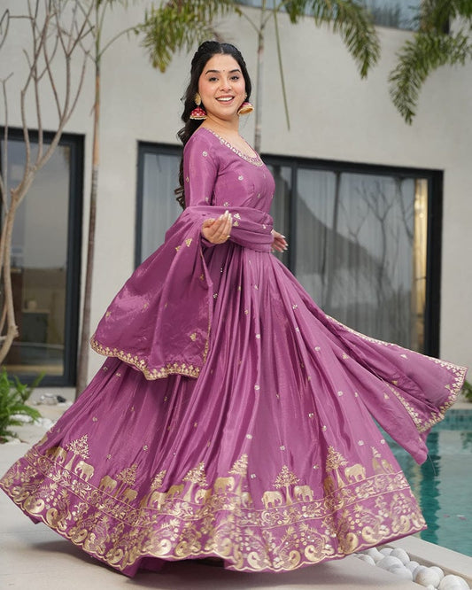 Onion Color Chinon Silk  Sequins Embroidered Gown