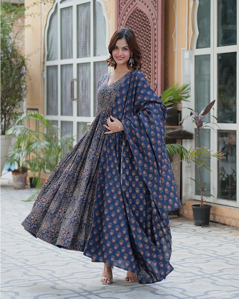 Premium Blue Color Pure Cotton Kurti With Pant And Dupatta Set