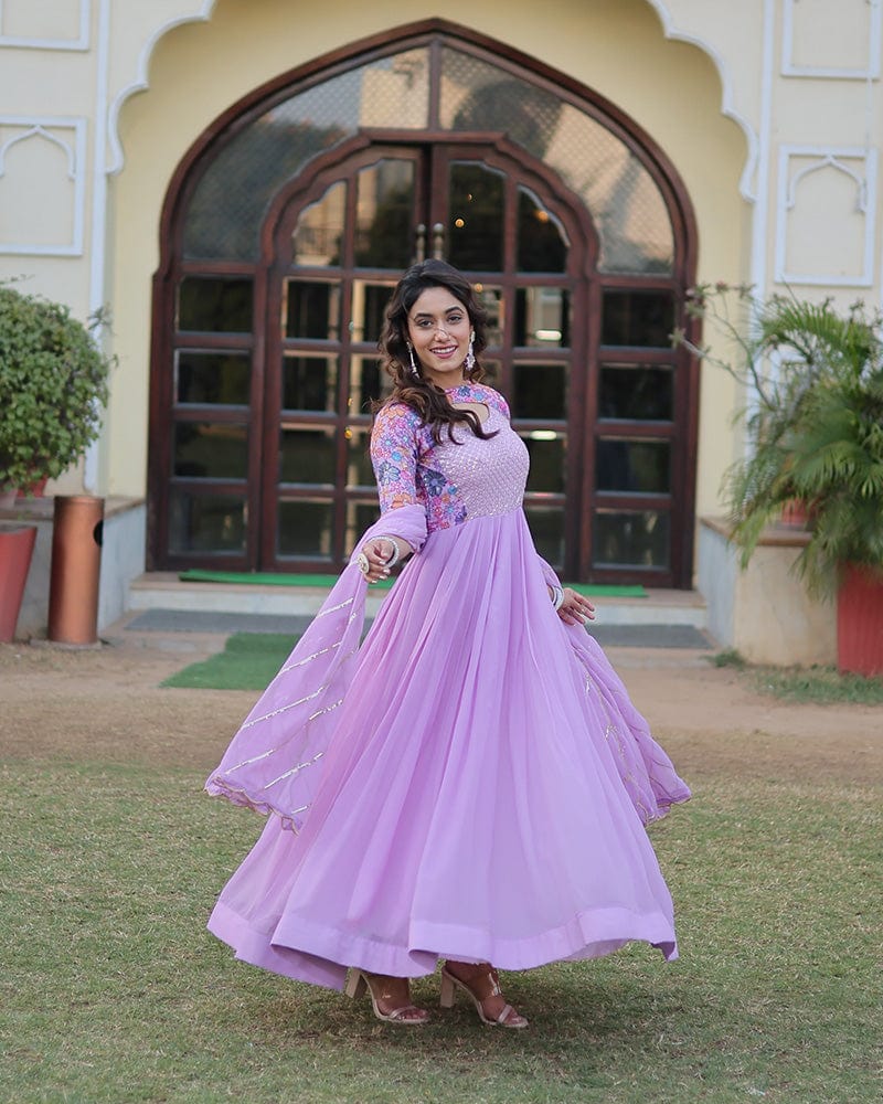 Lavender Color With Fancy Neck Faux Georgette Designer Anarkali Suit