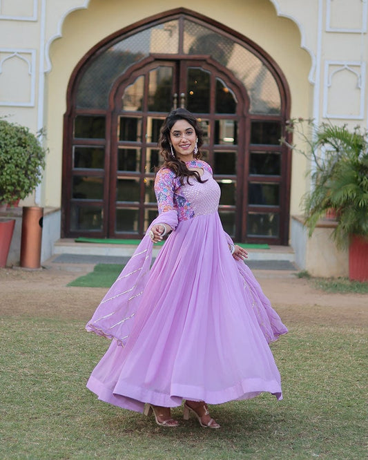 Lavender Color With Fancy Neck Faux Georgette Designer Anarkali Suit