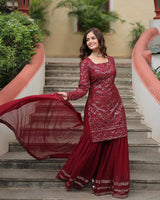 Maroon Color Faux Georgette Embroidered Sharara Suit