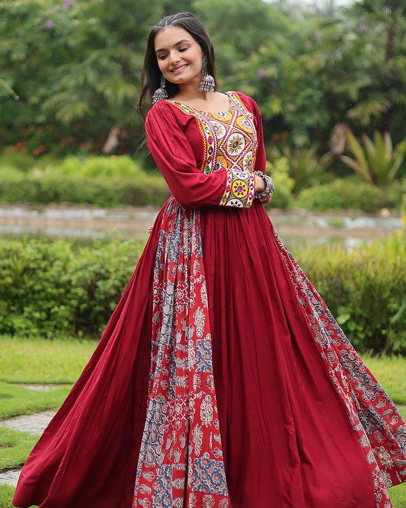 Maroon Color Rayon Gamthi Work Navratri Gown