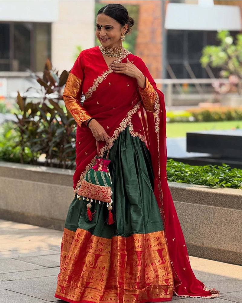 Roopal Shah In Green Color Narayan Pattu Silk Designer Lehenga Choli