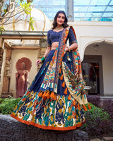 Navy Blue Color Tussar Silk Kalamkari Printed Lehenga Choli