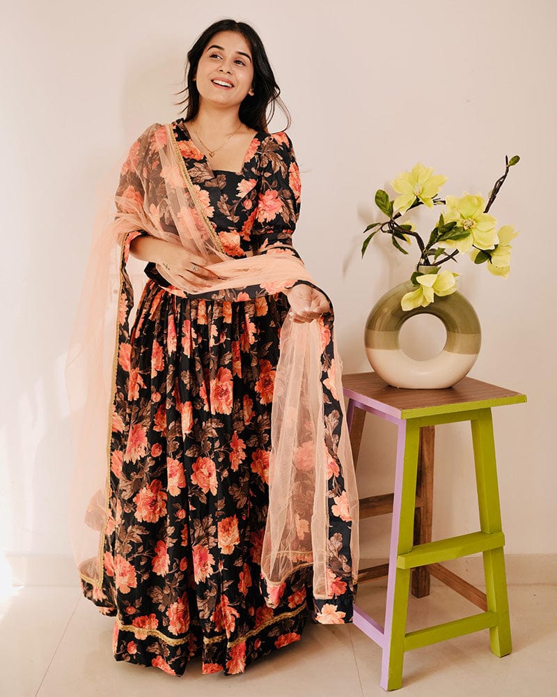 Orange And Black Color American Silk Lehenga Choli