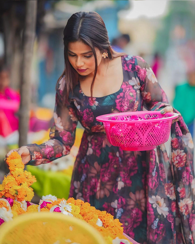 Rugee In Our Floral Print Organza Black Color Three Piece Anarkali Suit