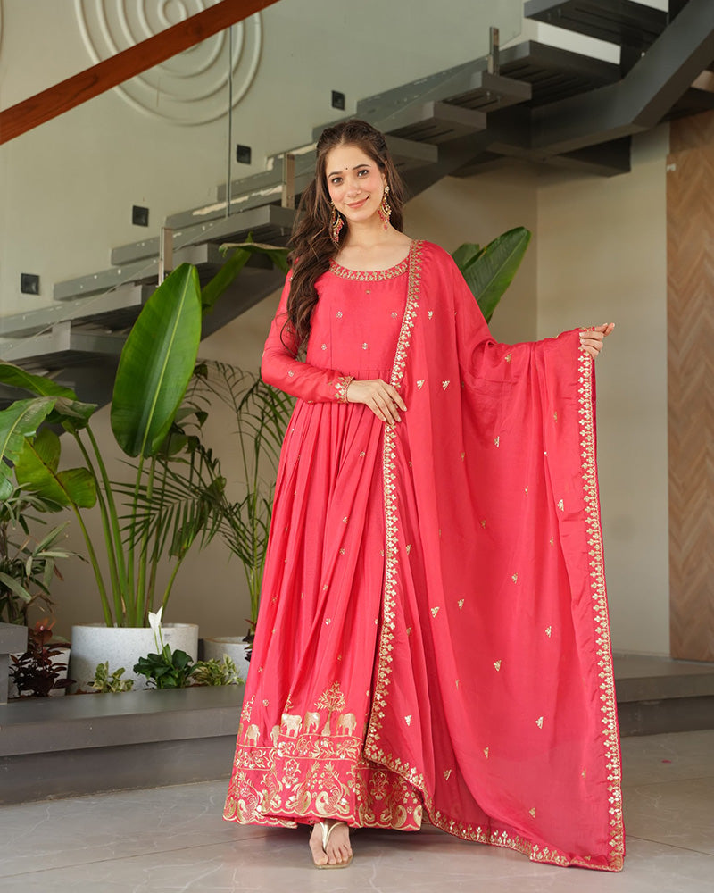 Peach Color Chinon Silk  Sequins Embroidered Gown