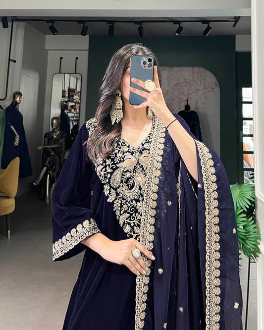Navy Blue Color Velvet Three Piece Kurti Suit