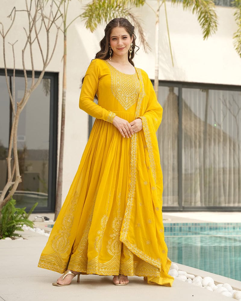 Yellow Color Faux Blooming Embroidered Gown