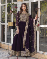 Wine Color Faux Blooming Embroidered Gown