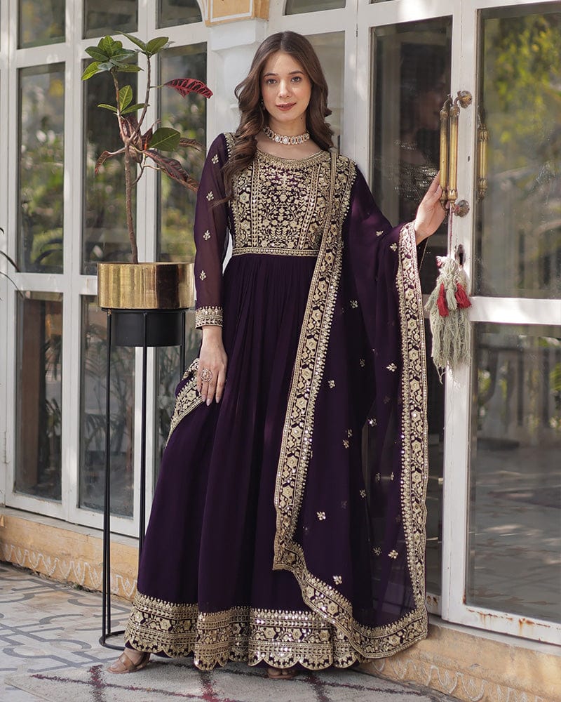 Wine Color Faux Blooming Embroidered Gown
