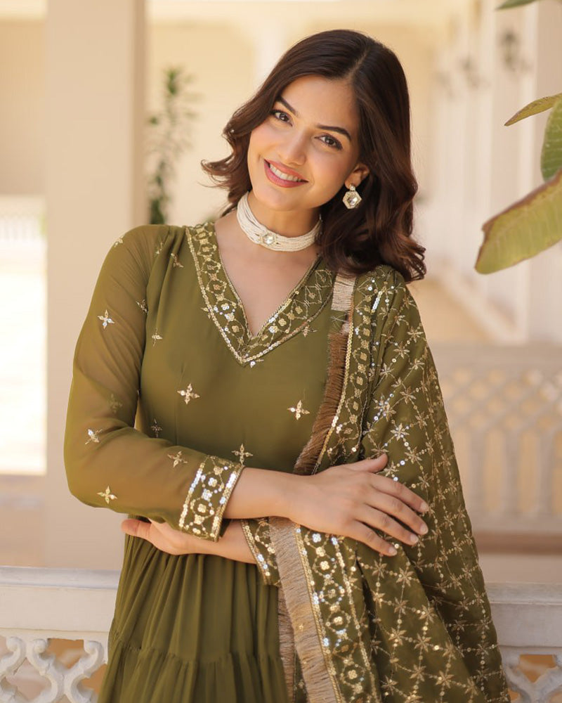 Mehndi Color Faux Georgette Designer Anarkali Gown With Dupatta