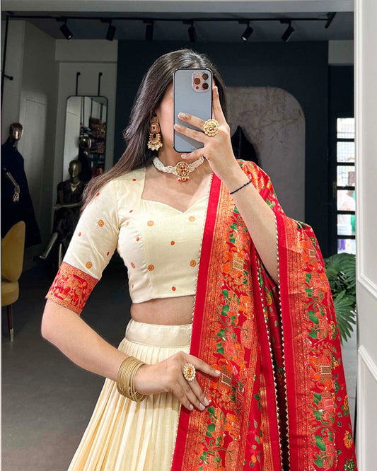 Off White Color Tussar Silk Printed With Foil Work Lehenga Choli