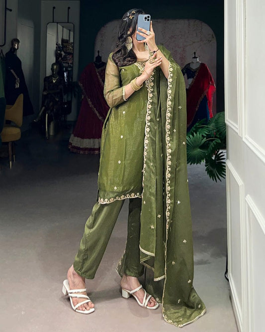 Olive Green Color Gold Coin Three Piece Kurti Suit