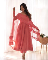 Dark Peach Color Georgette Lucknowi Three Piece Anarkali Suit