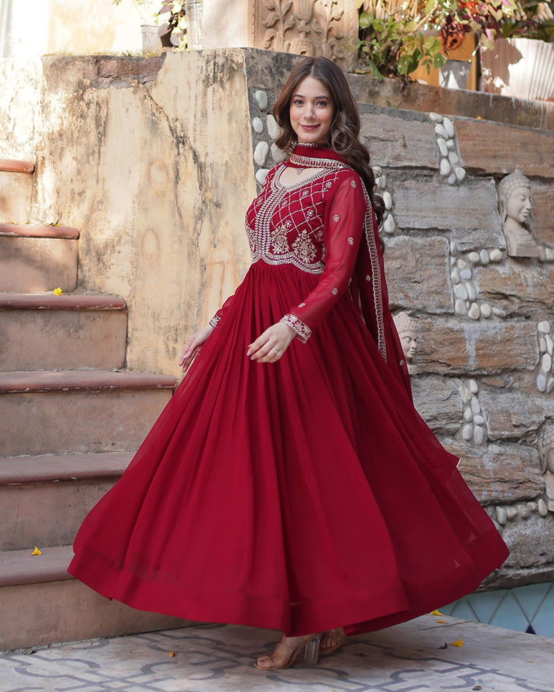 Maroon Color Faux Blooming Embroidered Gown With Dupatta