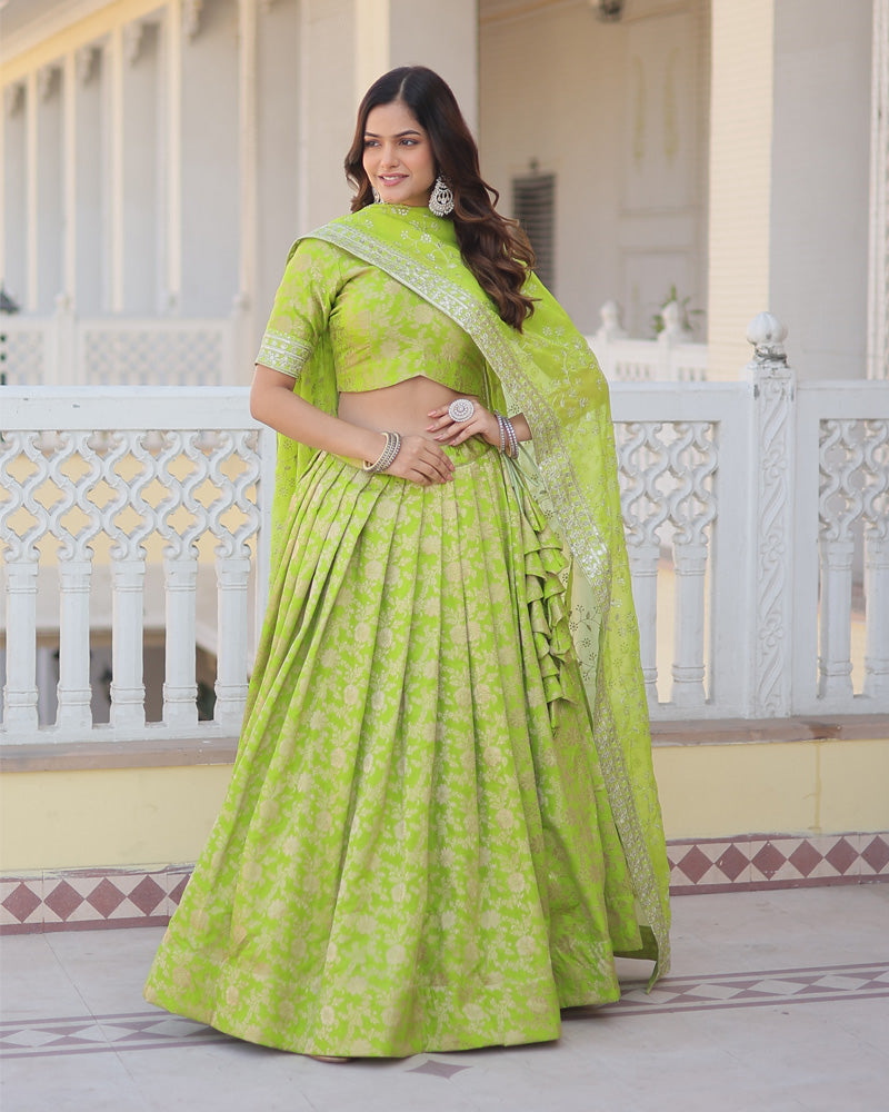 Green Color Pure Viscose Jacquard Lehenga Choli