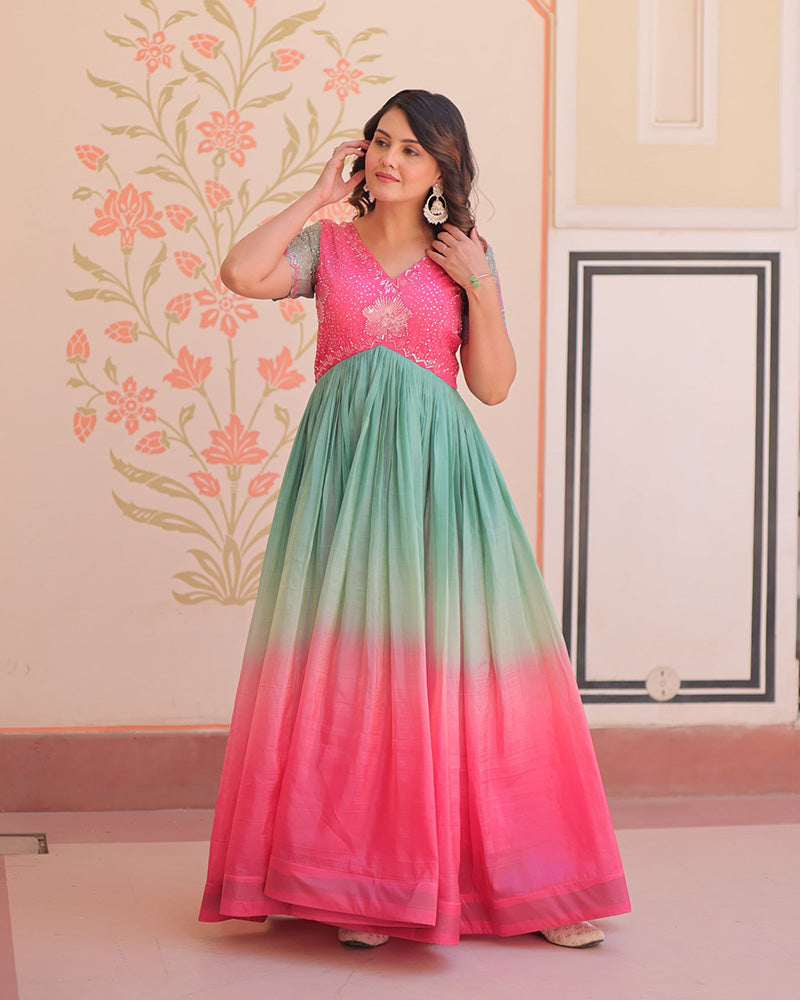 Pink Color Gold Crush Embroidered work Gown