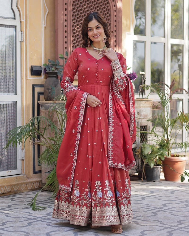 Tomato Color Embroidered Viscose Cosmos Gown With Dupatta