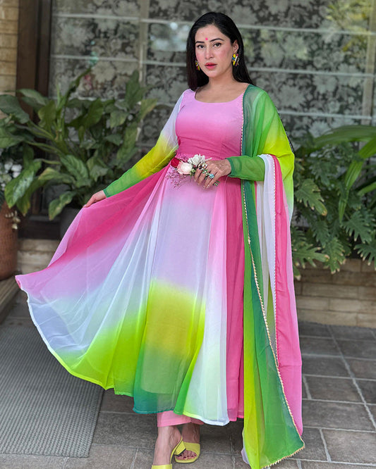 Isha sharma In Our Multi Pink Color Georgette Three Piece Anarkali Suit