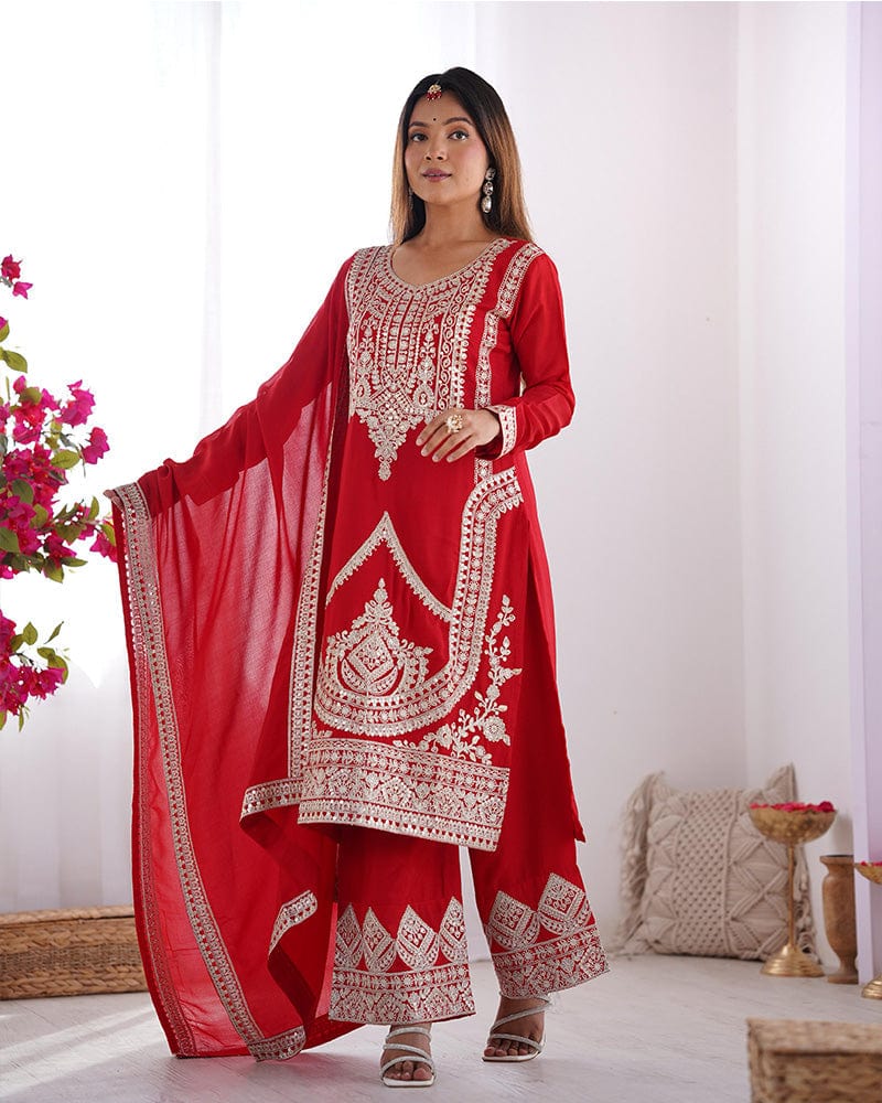 Red Color Vichitra Silk Three Piece Kurti Suit