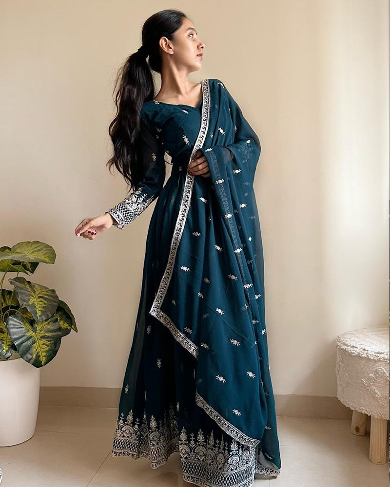 Rama Color Georgette Designer Anarkali Gown With Dupatta