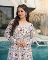 Off-White Color Cotton Printed Ruffle Style Gown