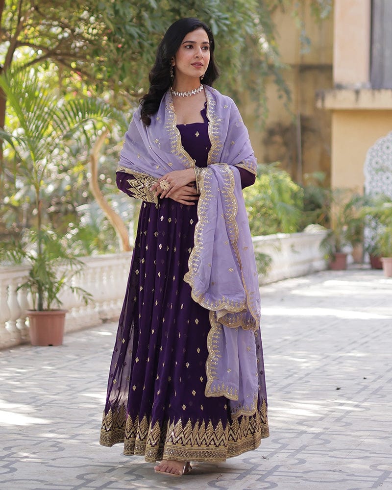 Dark Purple Color Floor Length Gown With Embroidered Dupatta