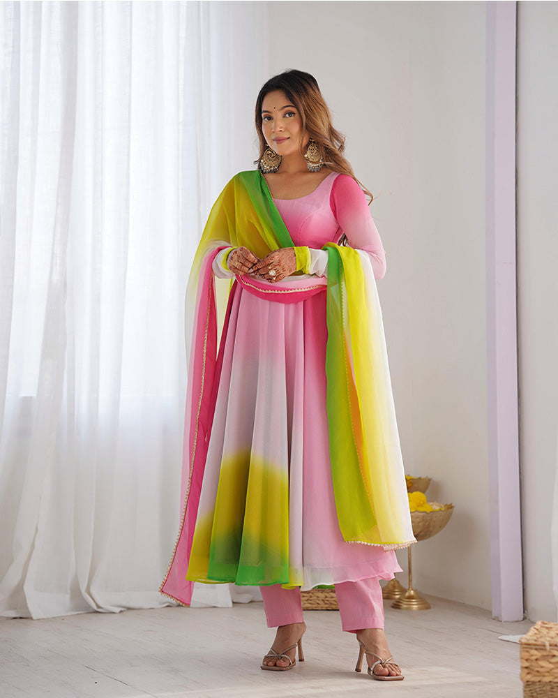 Multi Pink Color Georgette Three Piece Anarkali Suit