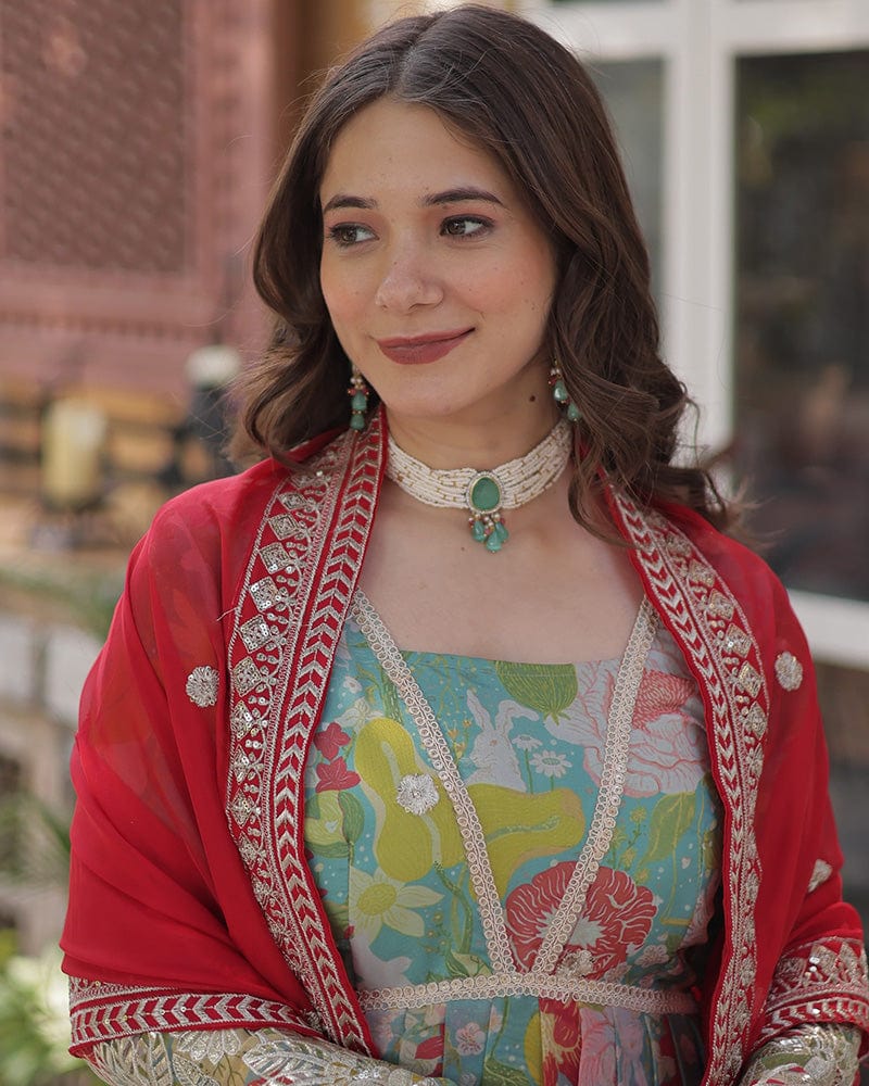 Lime Green Color Alia Cut Embroidered Gown With Dupatta