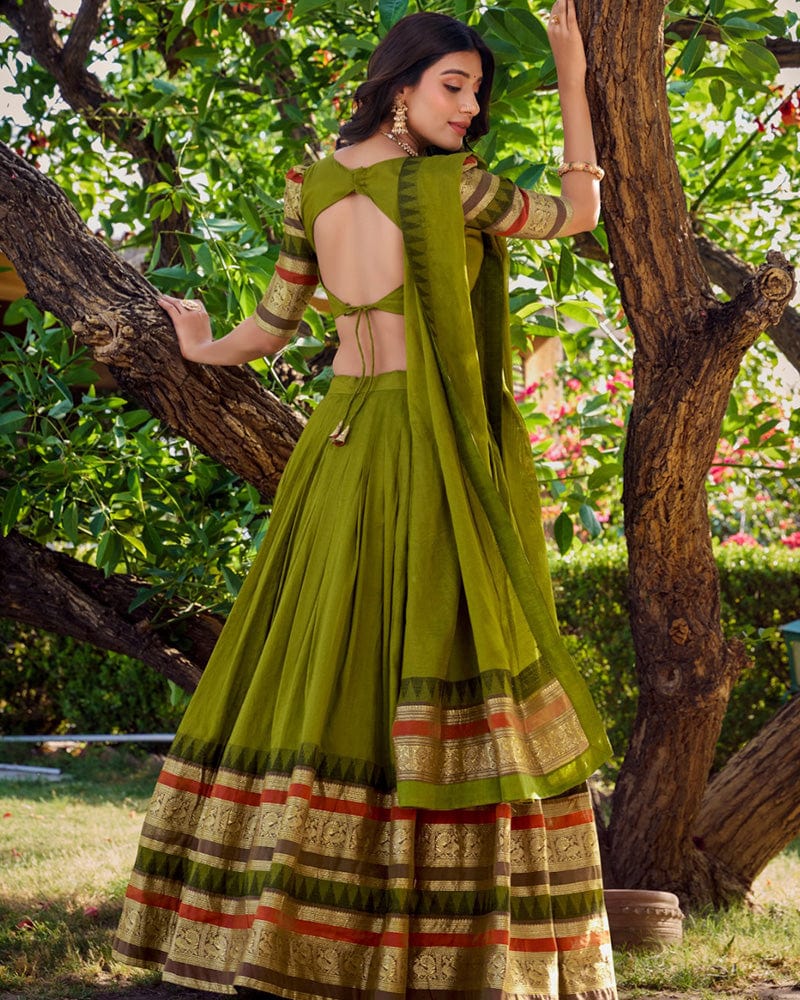 Mehndi Color Pure Chanderi Plain Lehenga Choli