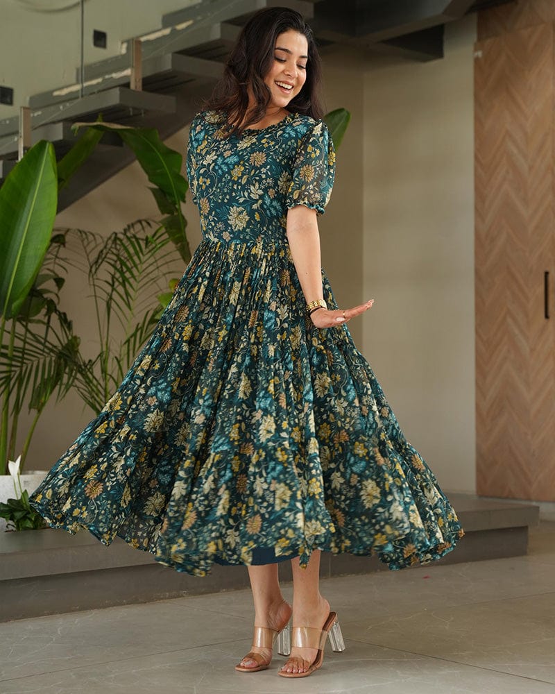 Green Color Georgette Floral Printed Tunic