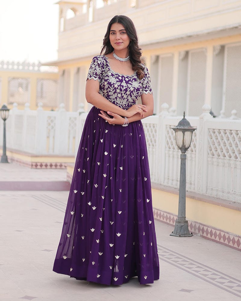 Purple Color Faux Blooming Sequins Embroidered Anarkali Gown