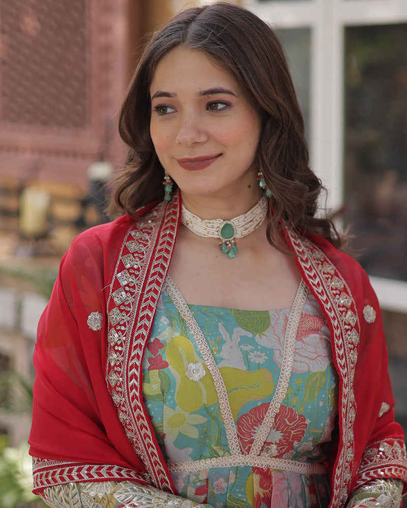 Lime Green Color Alia Cut Embroidered Gown With Dupatta