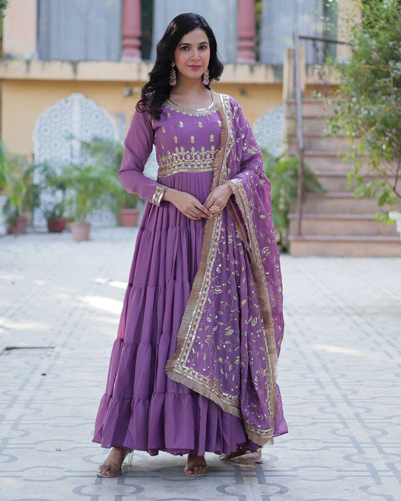 Dusty Mauve Color Star Georgette Gown With Embroidered Dupatta
