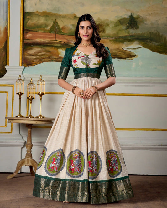Green Color Dola Silk Kalamkari Gown With koti