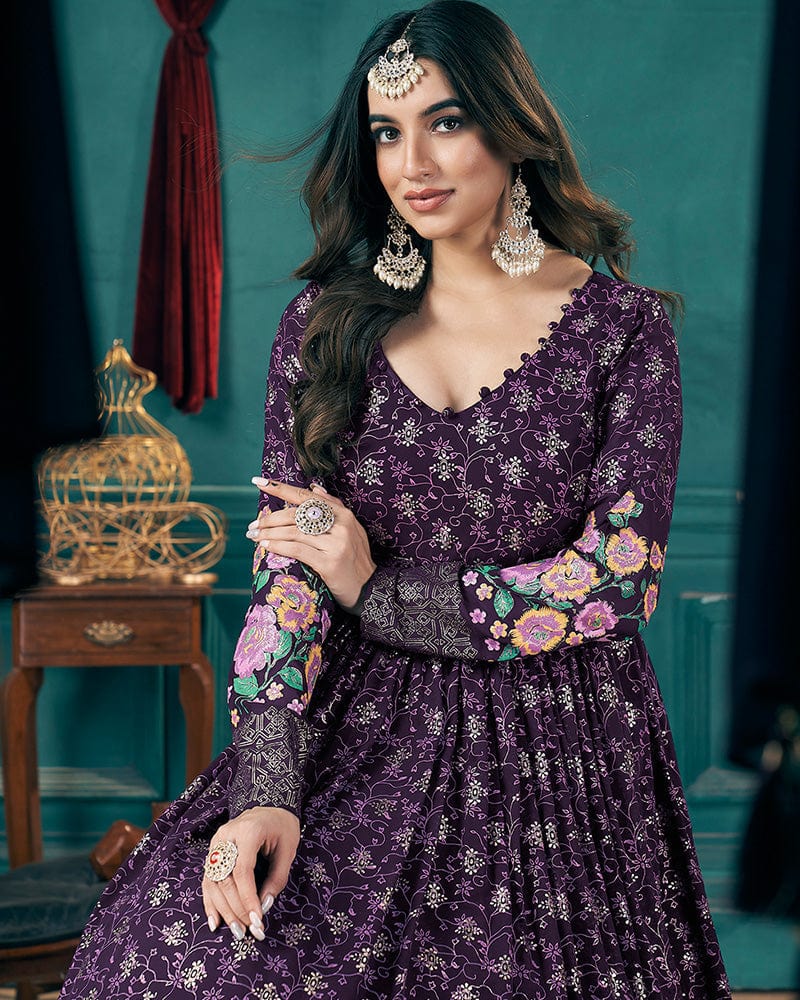 Purple Color Faux Georgette Metalic Foil Work Gown With Dupatta