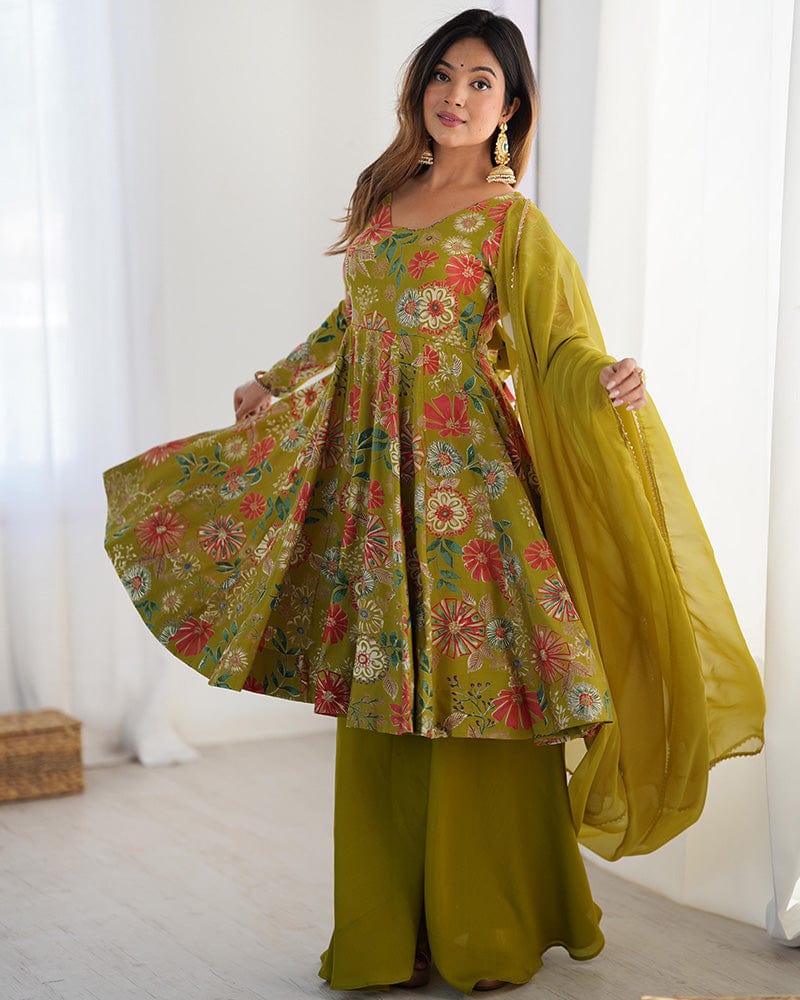 Mehndi Color Roman Silk Discharge Printed Plazzo Suit