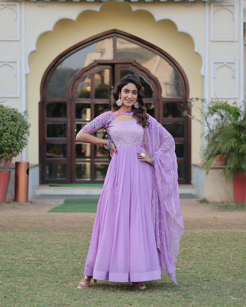 Lavender Color With Fancy Neck Faux Georgette Designer Anarkali Suit