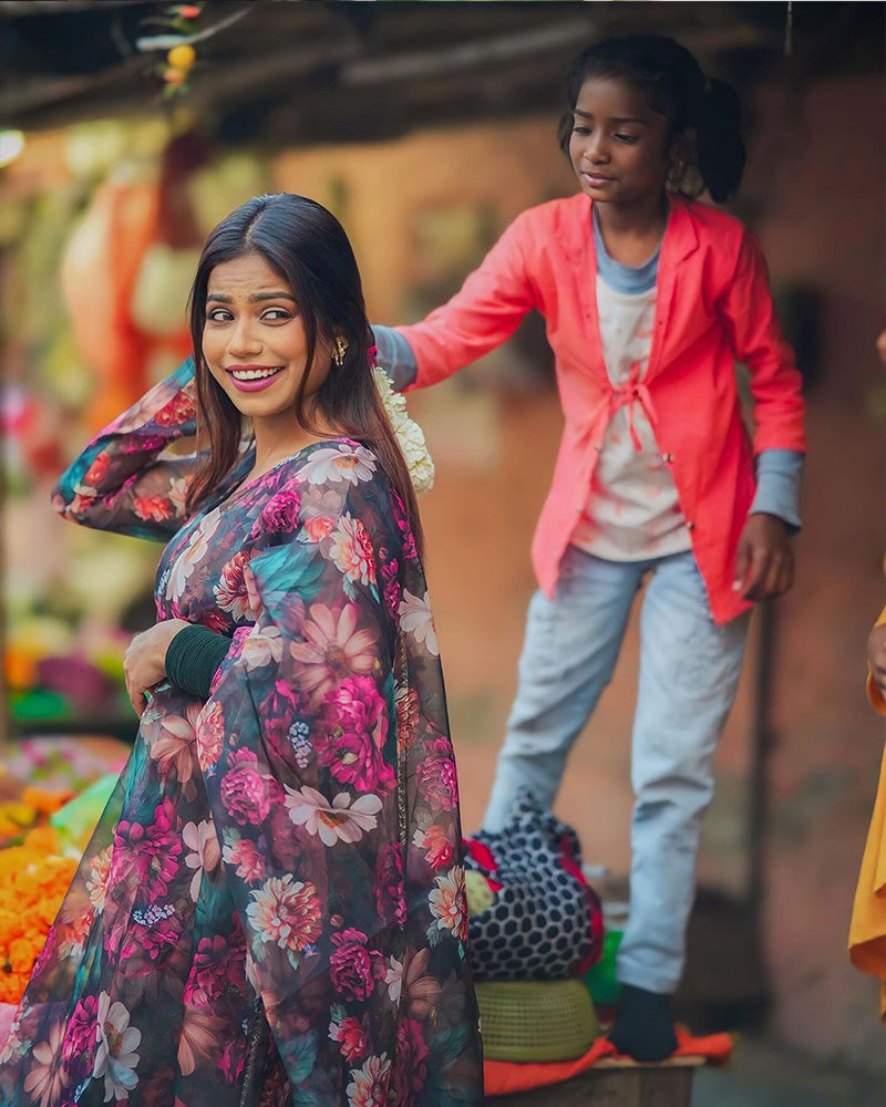 Rugee In Our Floral Print Organza Black Color Three Piece Anarkali Suit