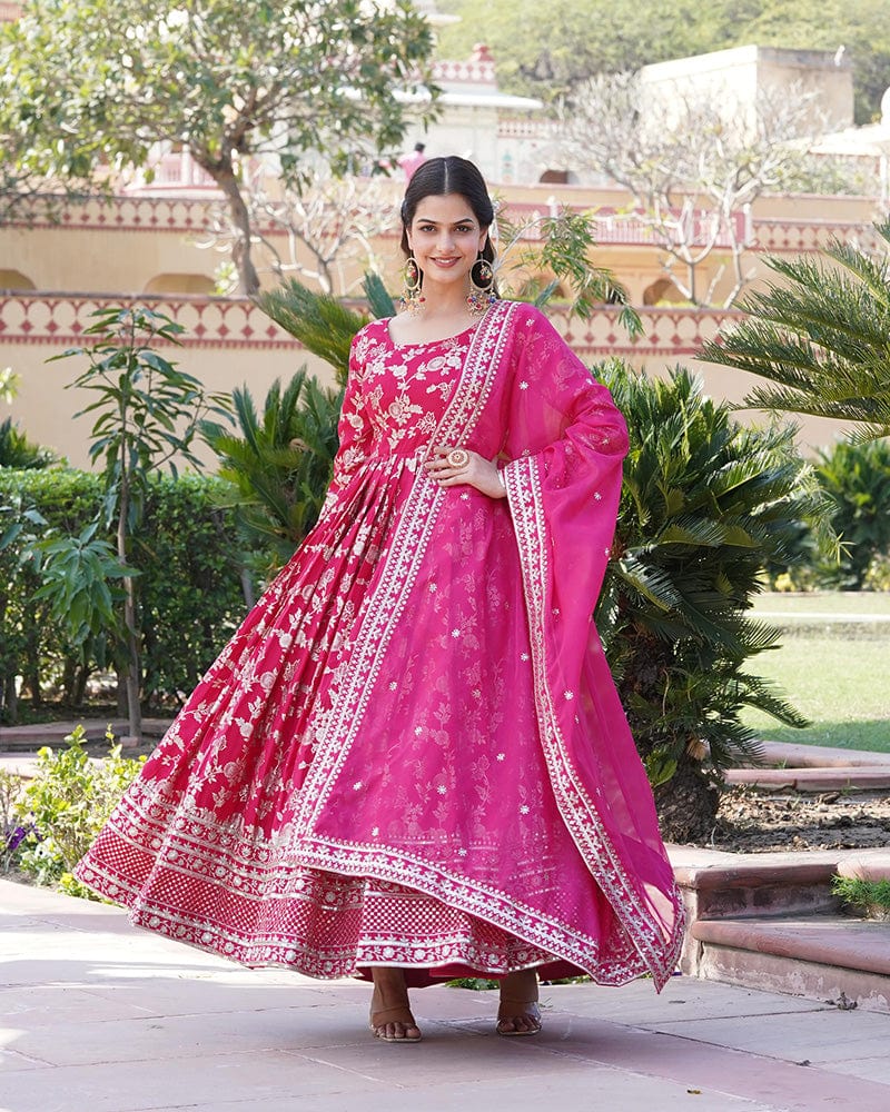 Designer Pink Color Sequence embroidered Viscose Jacquard Gown With Dupatta