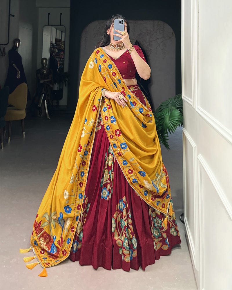 Maroon Color Tussar Silk Printed With Foil Work Lehenga Choli