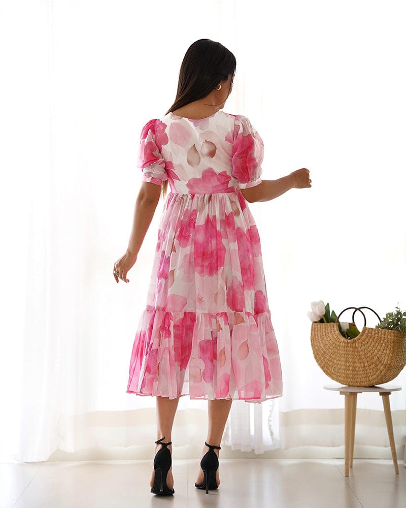Baby Pink Color Floral Printed Organza Silk Tunic