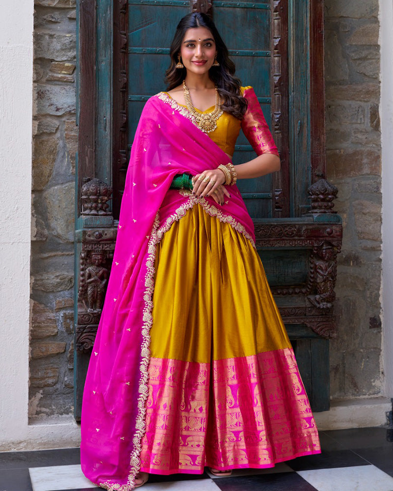 Mustard Color Narayan Pattu Silk Designer Lehenga Choli