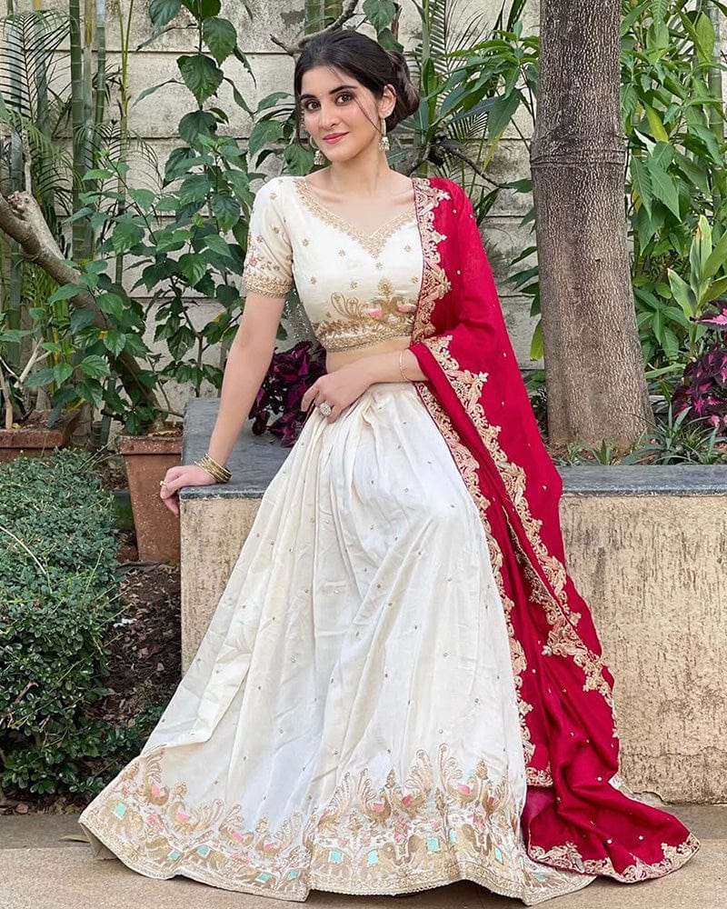 Navika kotia In Off-White Color Vichitra Silk Thread Embroidered Lehenga Choli